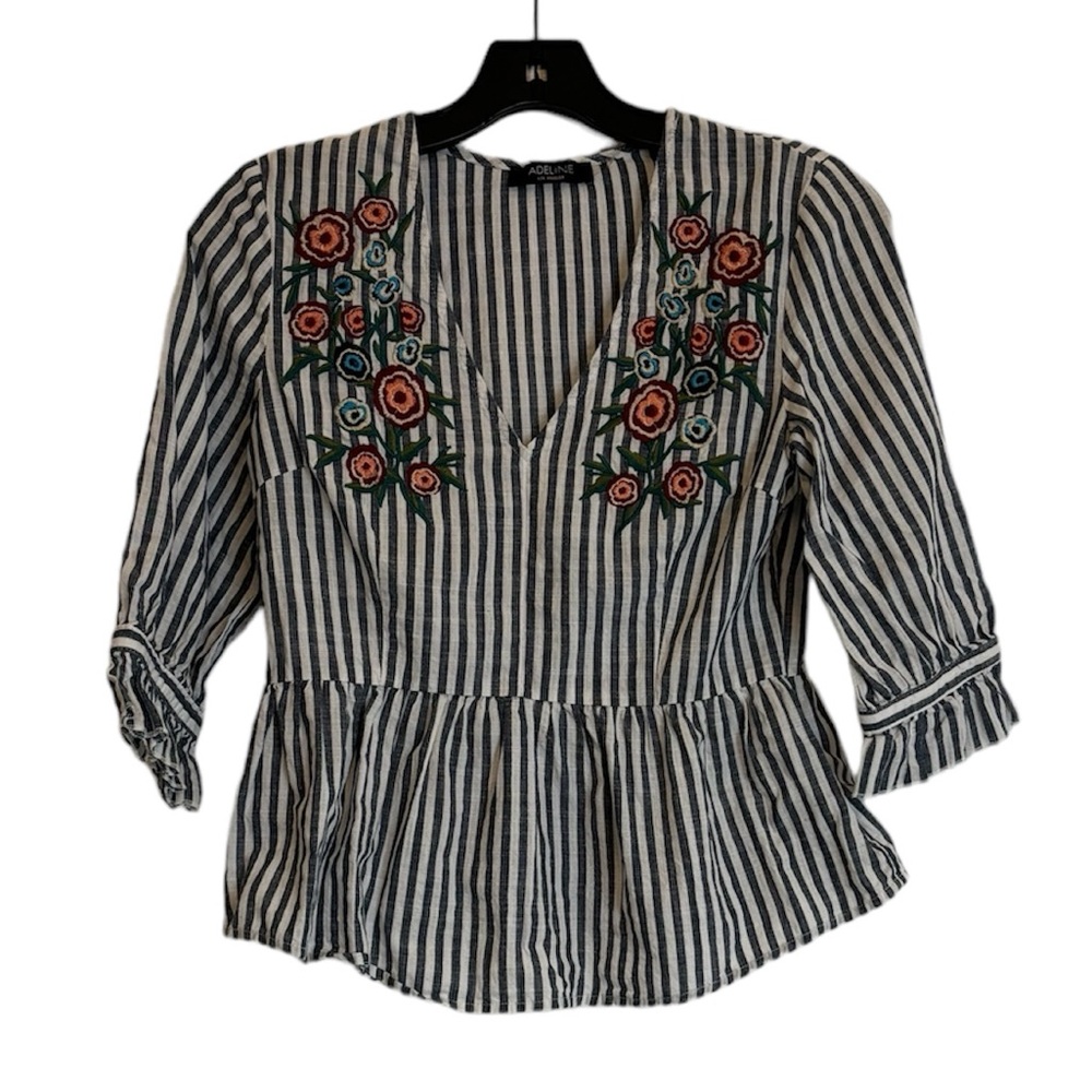 ADELINE Blue and White Striped Blouse with Floral Embroidery